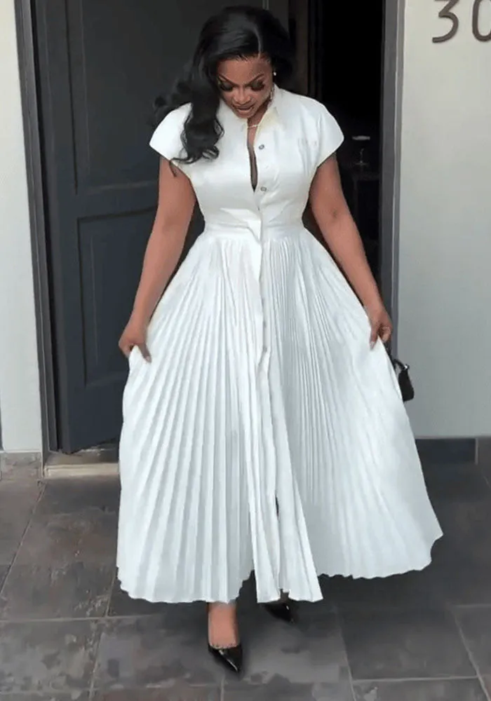 Elegant Short Sleeve Pleated Button-Up Maxi Shirt Dress