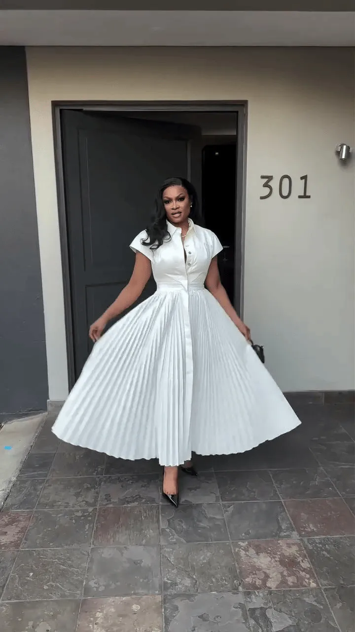 Elegant Short Sleeve Pleated Button-Up Maxi Shirt Dress