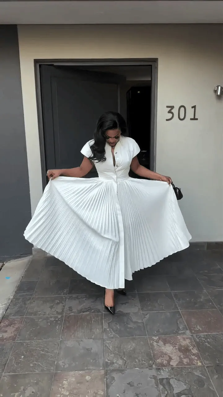 Elegant Short Sleeve Pleated Button-Up Maxi Shirt Dress
