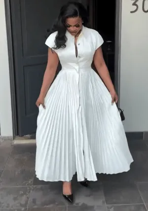 Elegant Short Sleeve Pleated Button-Up Maxi Shirt Dress