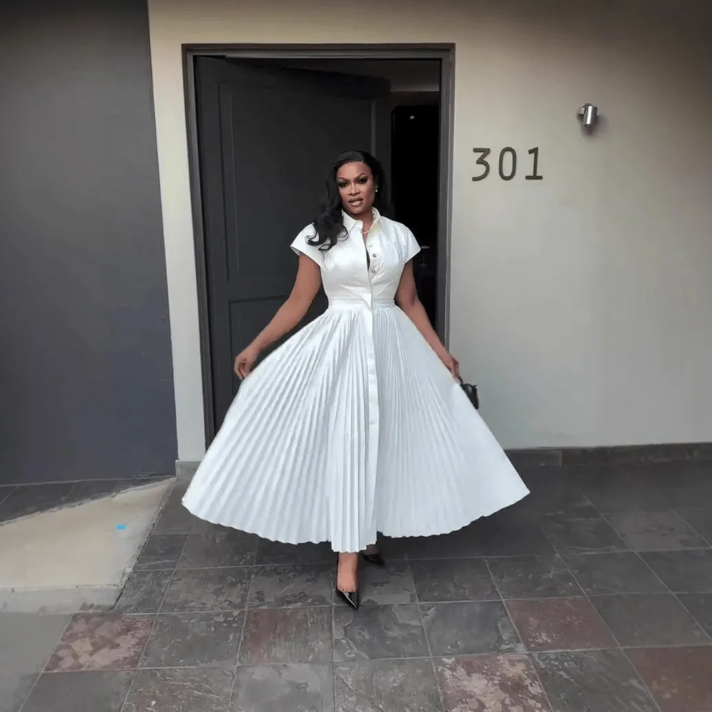 Elegant Short Sleeve Pleated Button-Up Maxi Shirt Dress