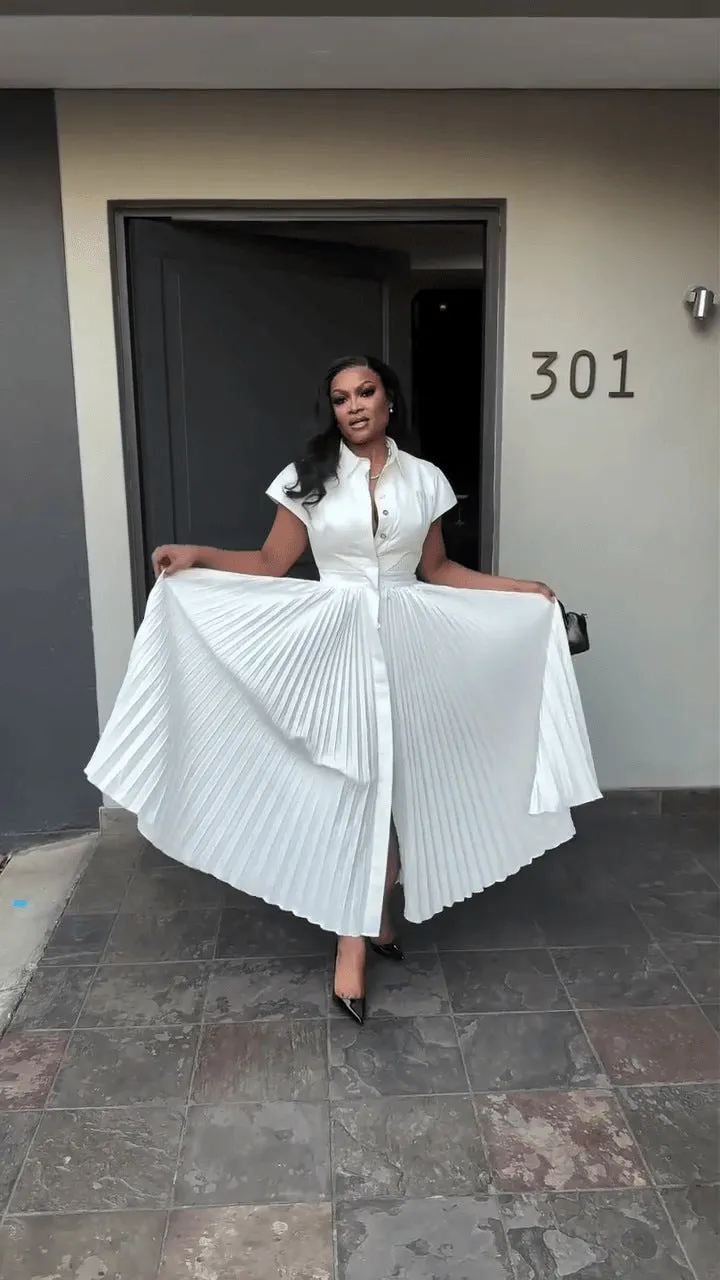 Elegant Short Sleeve Pleated Button-Up Maxi Shirt Dress
