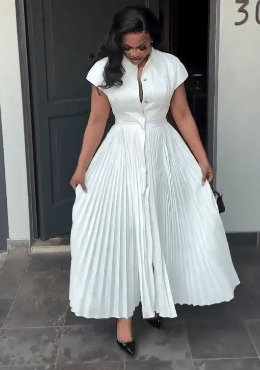 Elegant Short Sleeve Pleated Button-Up Maxi Shirt Dress