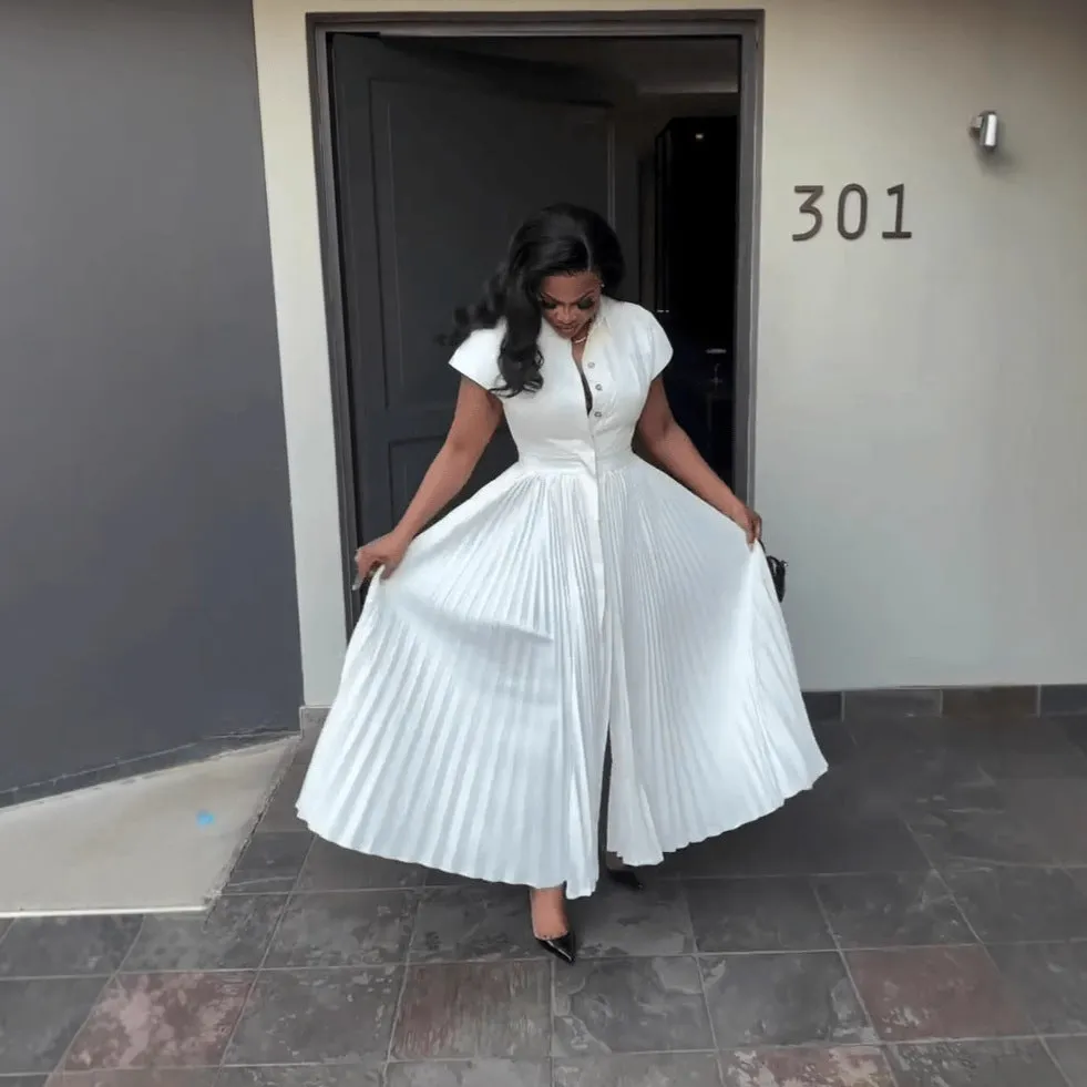 Elegant Short Sleeve Pleated Button-Up Maxi Shirt Dress