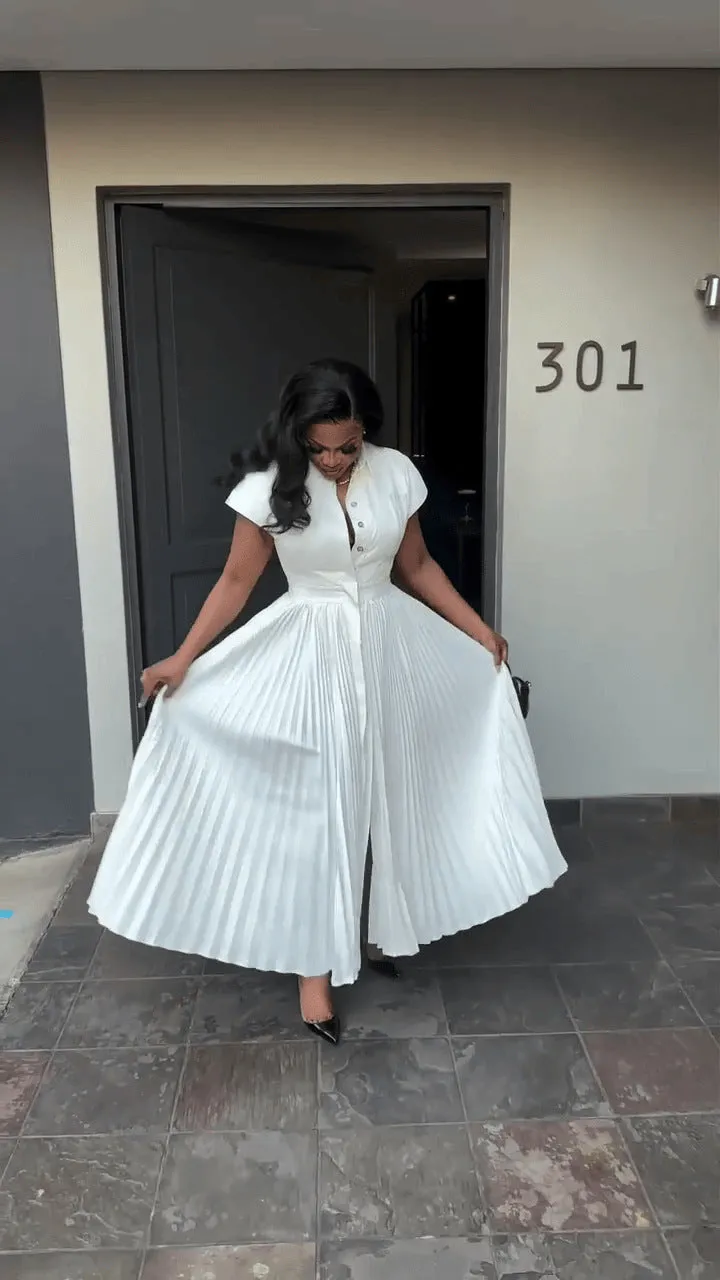 Elegant Short Sleeve Pleated Button-Up Maxi Shirt Dress