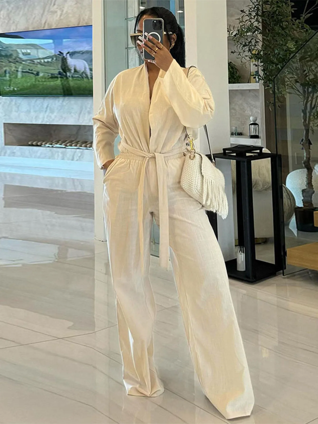 Elegant Solid Color Linen Two-Piece Set with Belt and Pockets