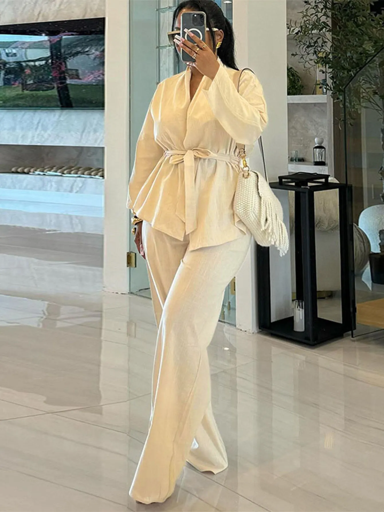 Elegant Solid Color Linen Two-Piece Set with Belt and Pockets