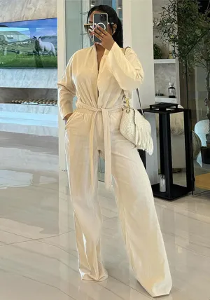 Elegant Solid Color Linen Two-Piece Set with Belt and Pockets