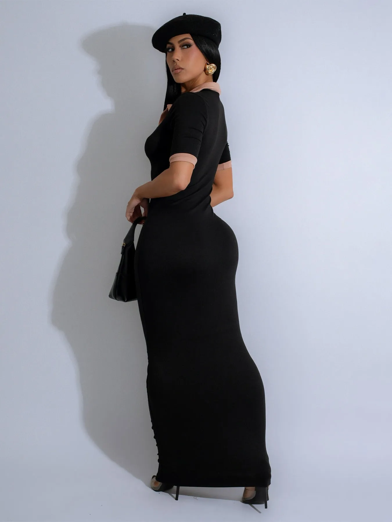 Elegant Two-Tone Collar Short Sleeve Bodycon Maxi Dress for Timeless Sophistication