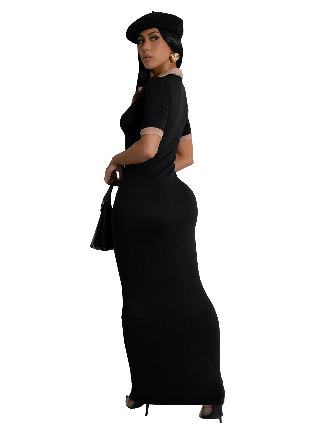 Elegant Two-Tone Collar Short Sleeve Bodycon Maxi Dress for Timeless Sophistication