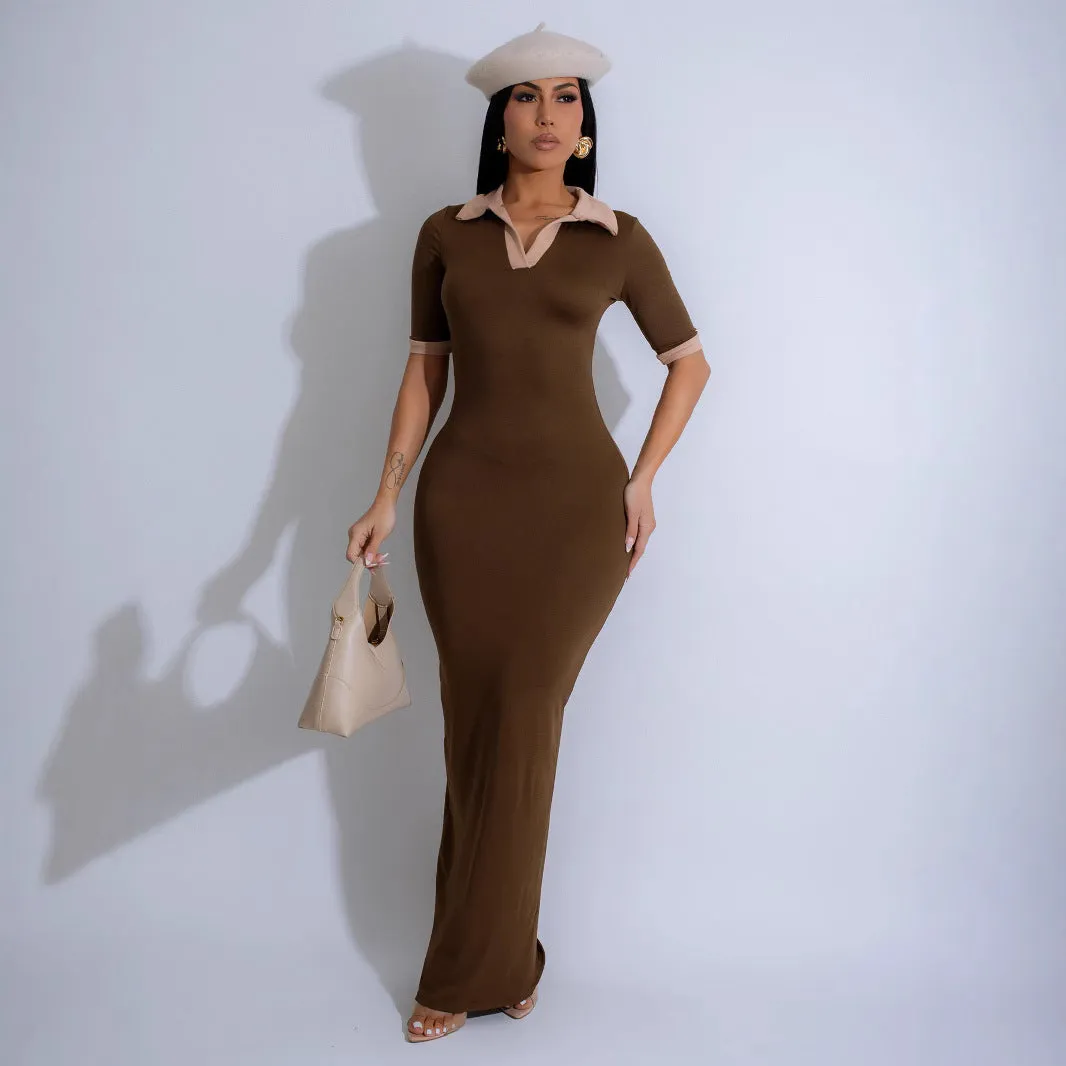 Elegant Two-Tone Collar Short Sleeve Bodycon Maxi Dress for Timeless Sophistication