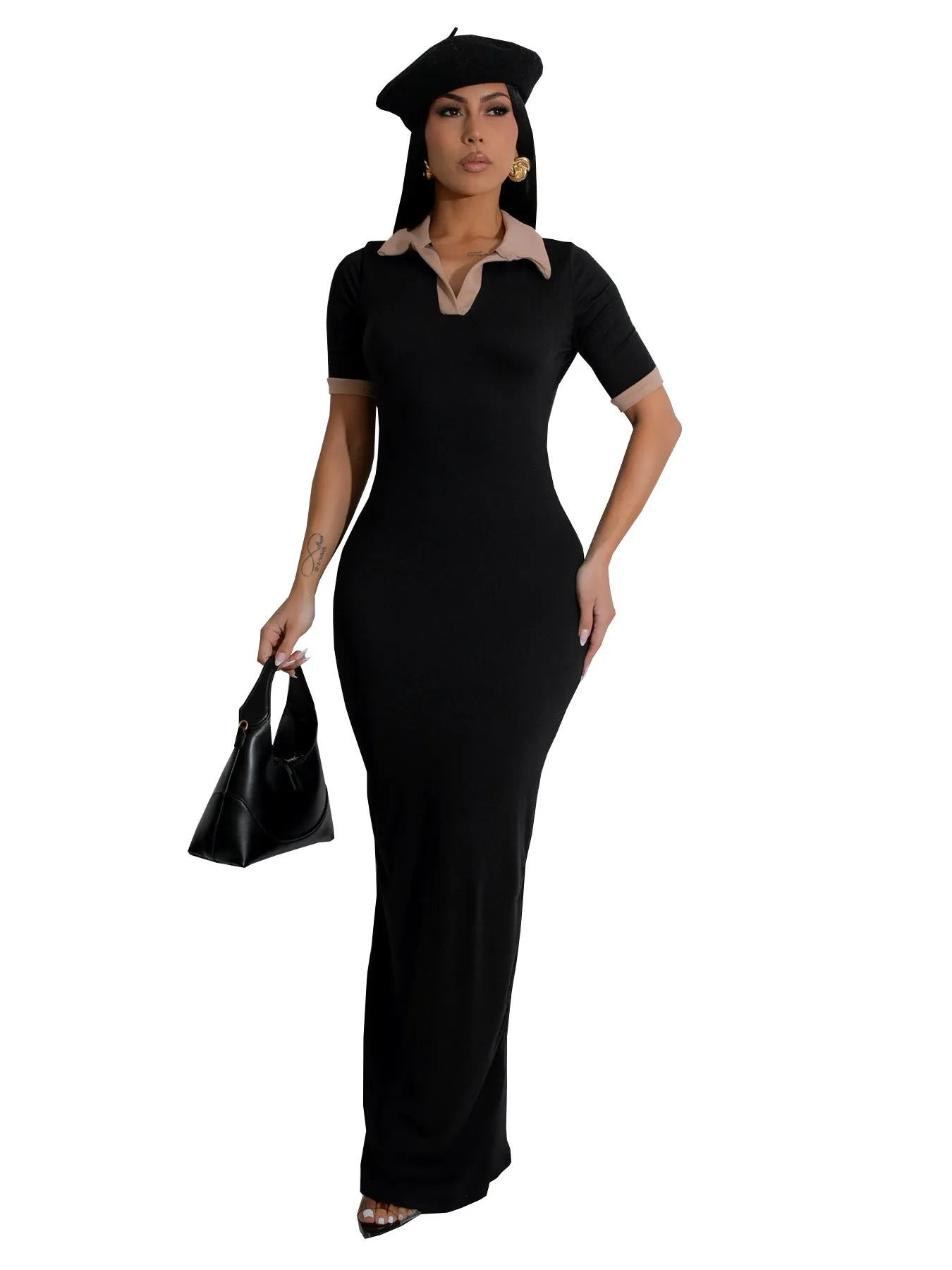 Elegant Two-Tone Collar Short Sleeve Bodycon Maxi Dress for Timeless Sophistication
