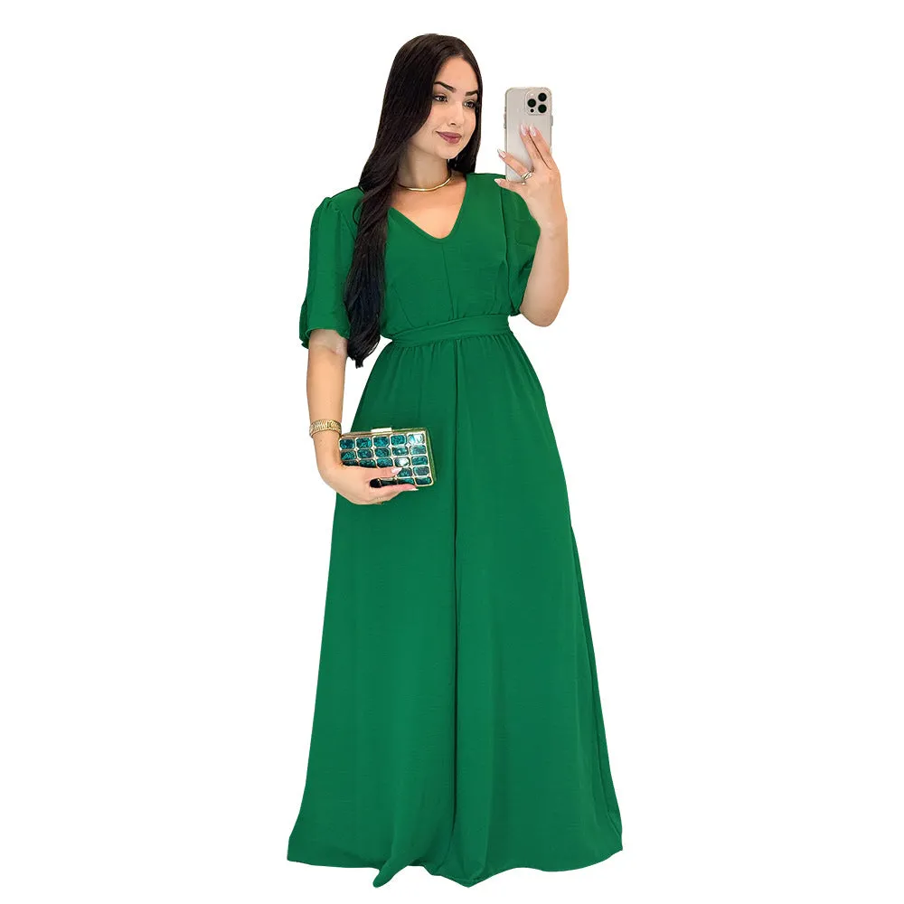 Elegant V-Neck High-Waisted Belted Maxi Dress with Flowing Silhouette