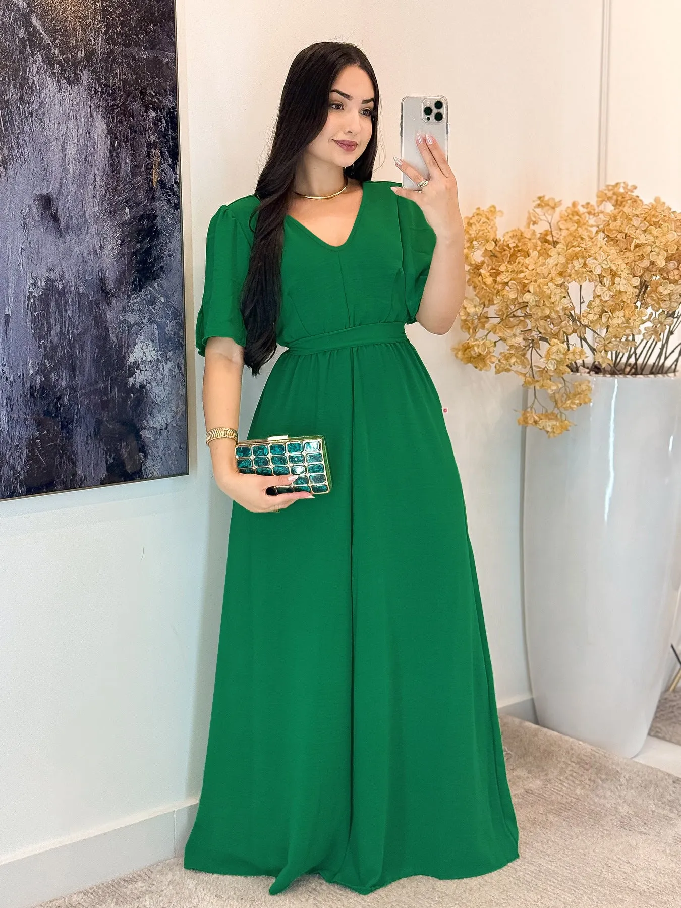 Elegant V-Neck High-Waisted Belted Maxi Dress with Flowing Silhouette