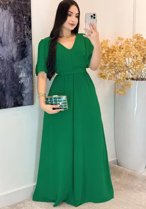 Elegant V-Neck High-Waisted Belted Maxi Dress with Flowing Silhouette