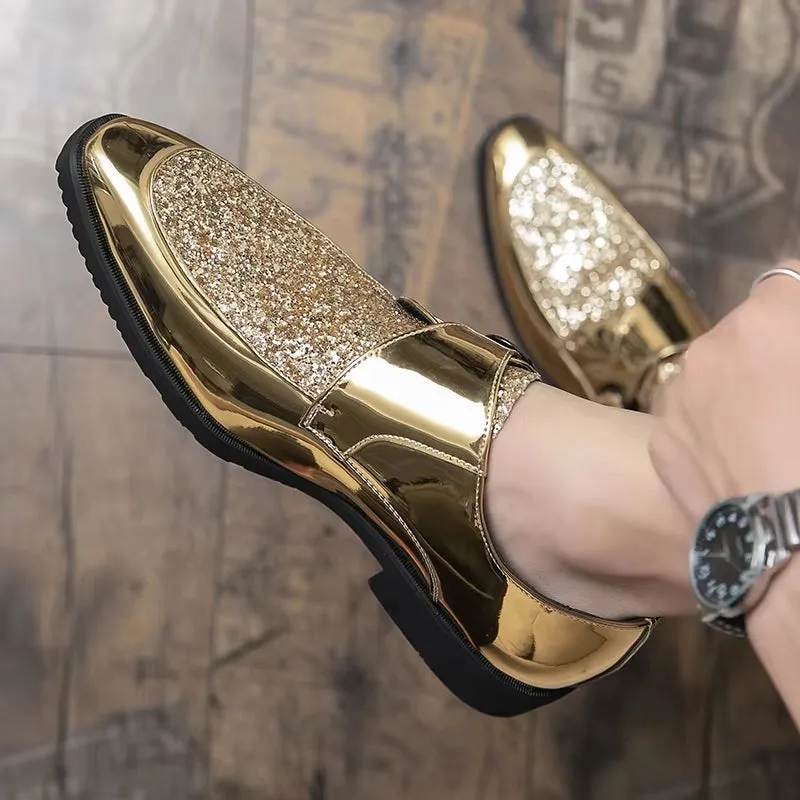 Fashion Men Golden and Black Sequined Shoes
