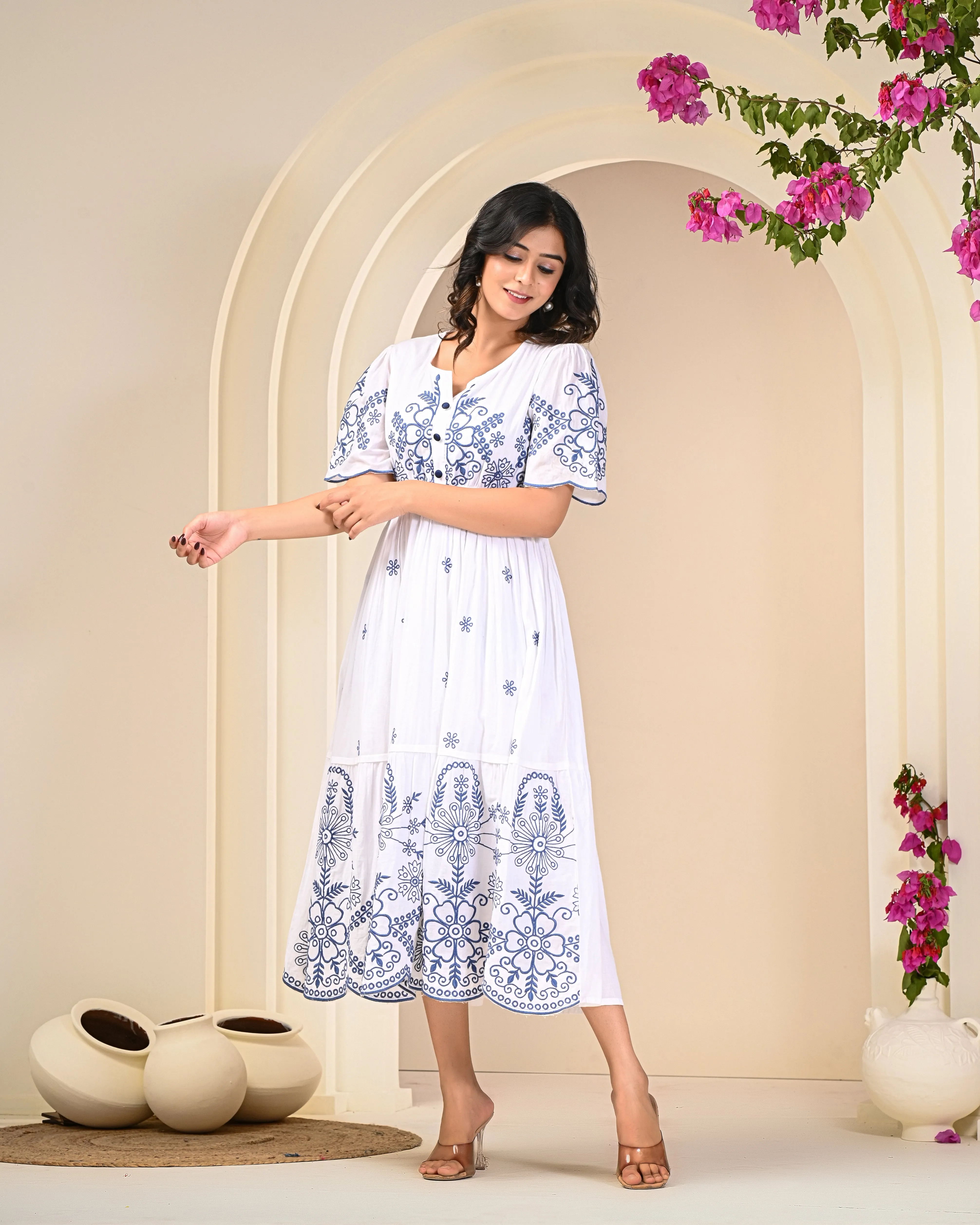 Flawless White Embroidered Cotton Midi Dress