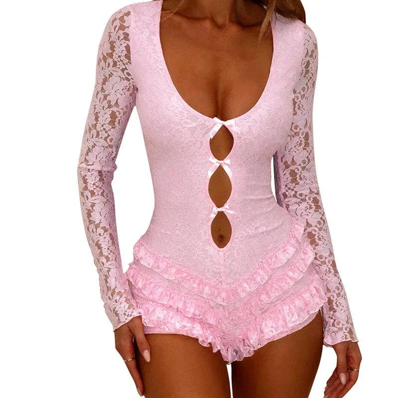 Flirty Pink Ruffle Hollow Lace Long Sleeve Short Jumpsuit for Chic Style