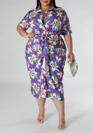 Floral Elegance Belted V-Neck Plus-Size Midi Dress