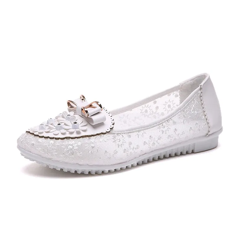 Floral Embroidery Bowknot Loafers Women Summer Breathable Comfortable Sandals Solid Color Vulcanized Shoes Woman Flats  casual