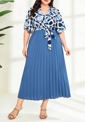 Graceful Geometric Print Pleated Maxi Dress with Waist Tie