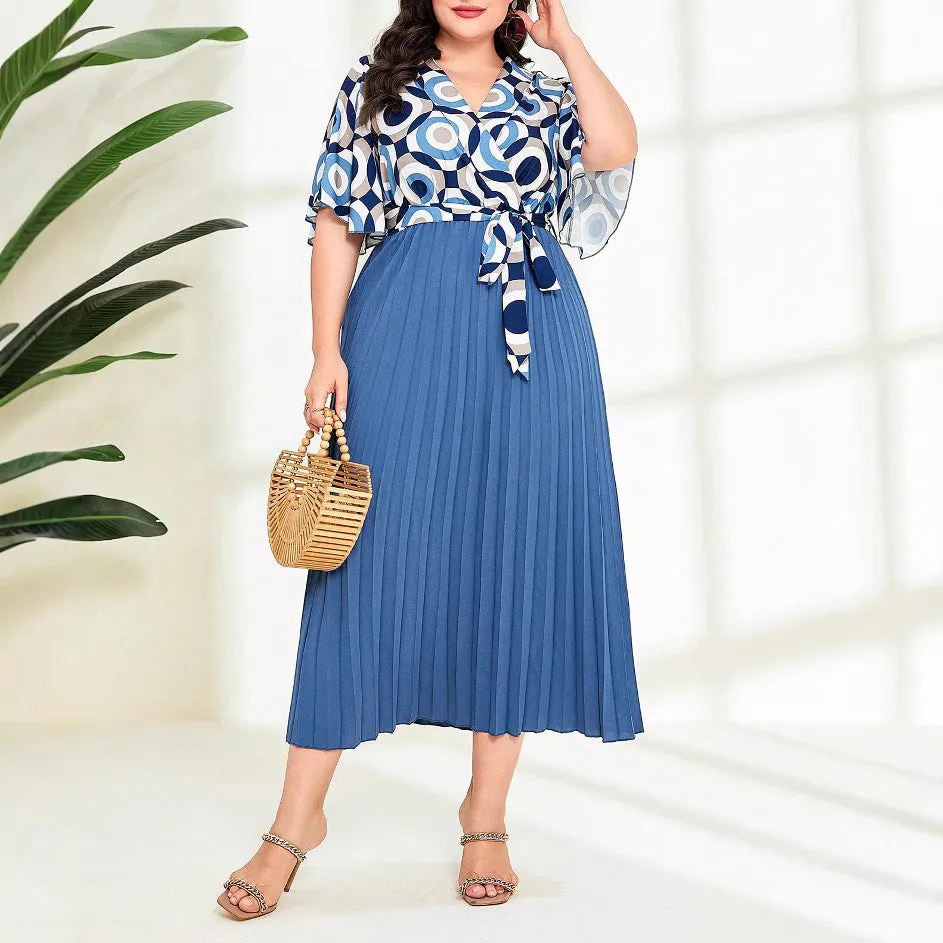 Graceful Geometric Print Pleated Maxi Dress with Waist Tie