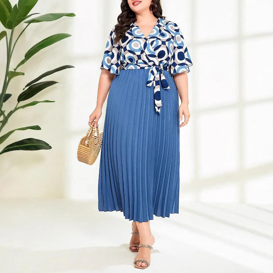 Graceful Geometric Print Pleated Maxi Dress with Waist Tie