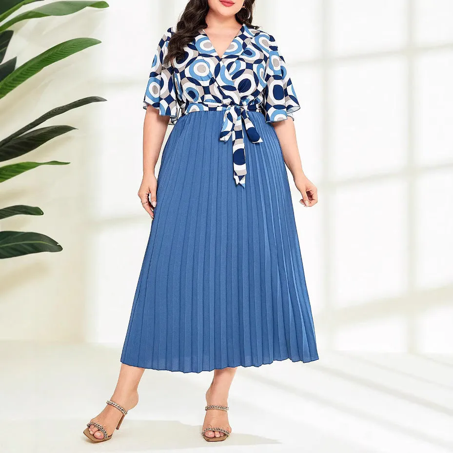 Graceful Geometric Print Pleated Maxi Dress with Waist Tie