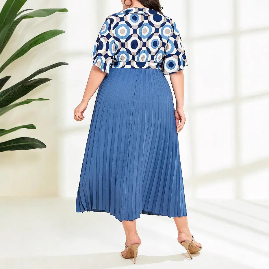 Graceful Geometric Print Pleated Maxi Dress with Waist Tie