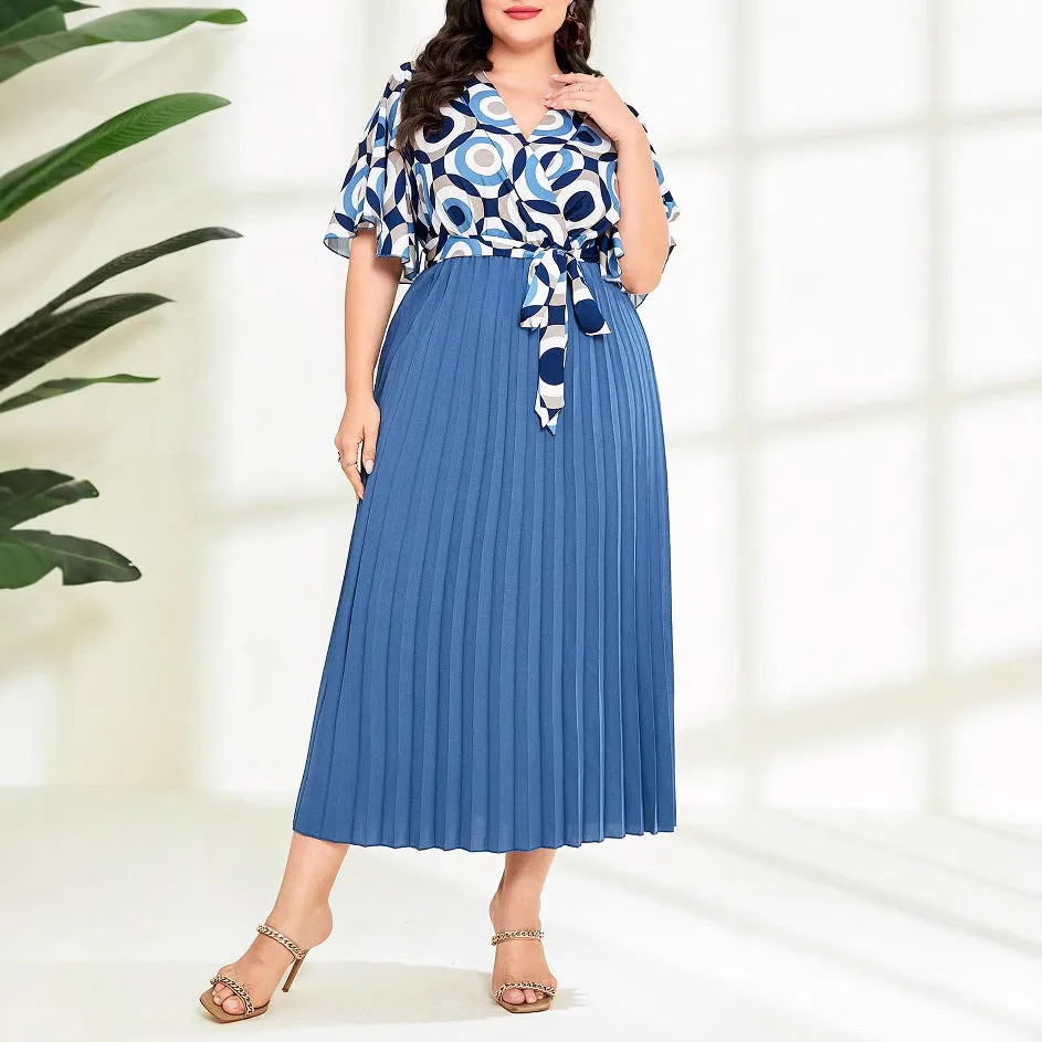 Graceful Geometric Print Pleated Maxi Dress with Waist Tie