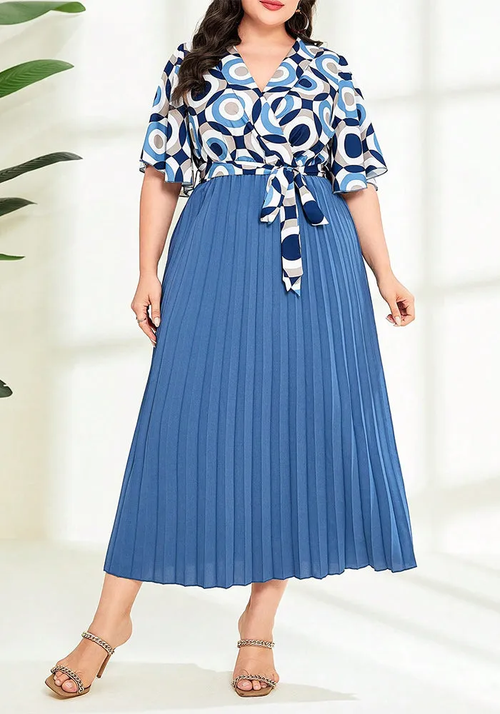 Graceful Geometric Print Pleated Maxi Dress with Waist Tie