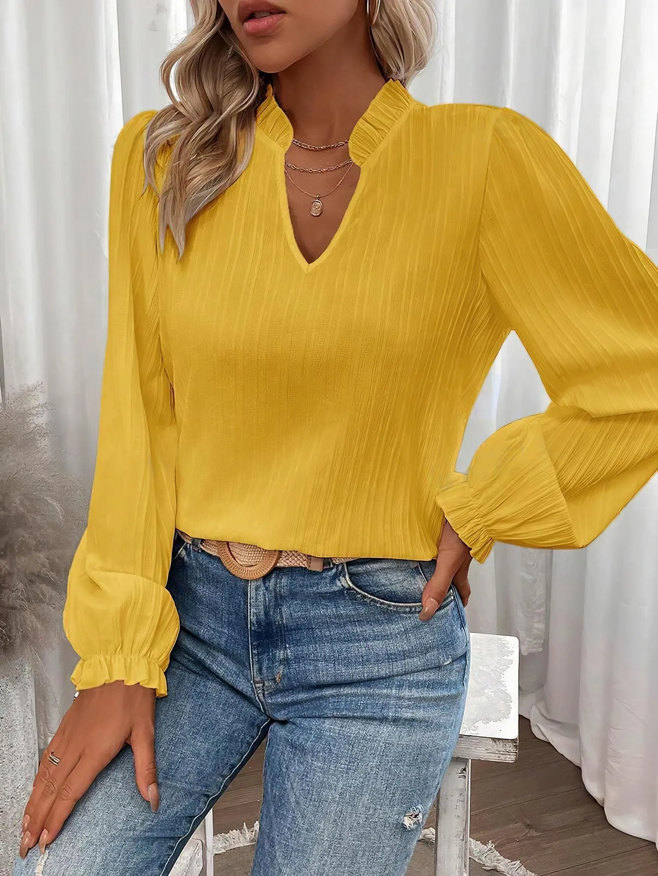 Graceful V-Neck Bell Sleeve Long Shirt for Effortless Elegance