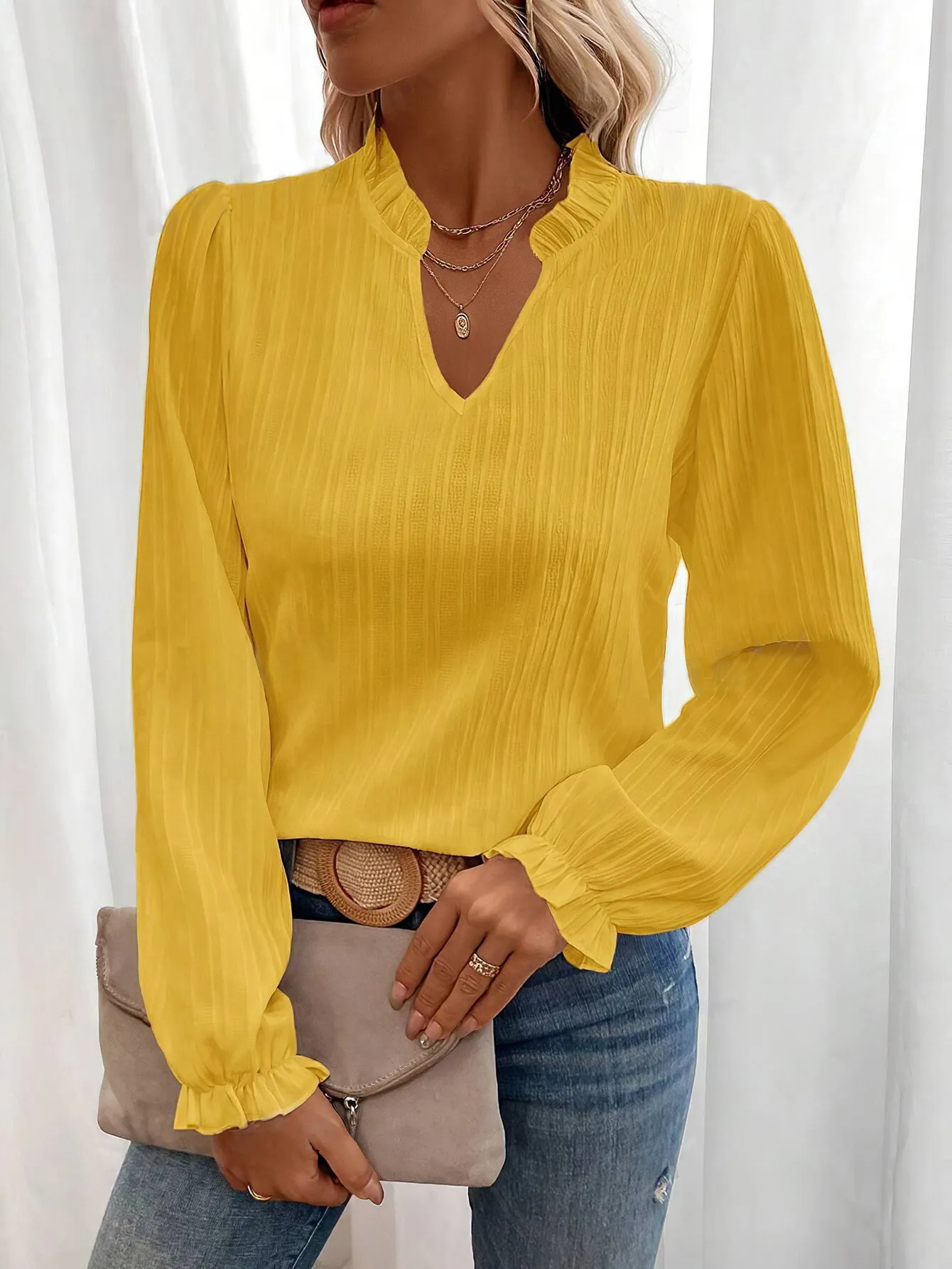 Graceful V-Neck Bell Sleeve Long Shirt for Effortless Elegance