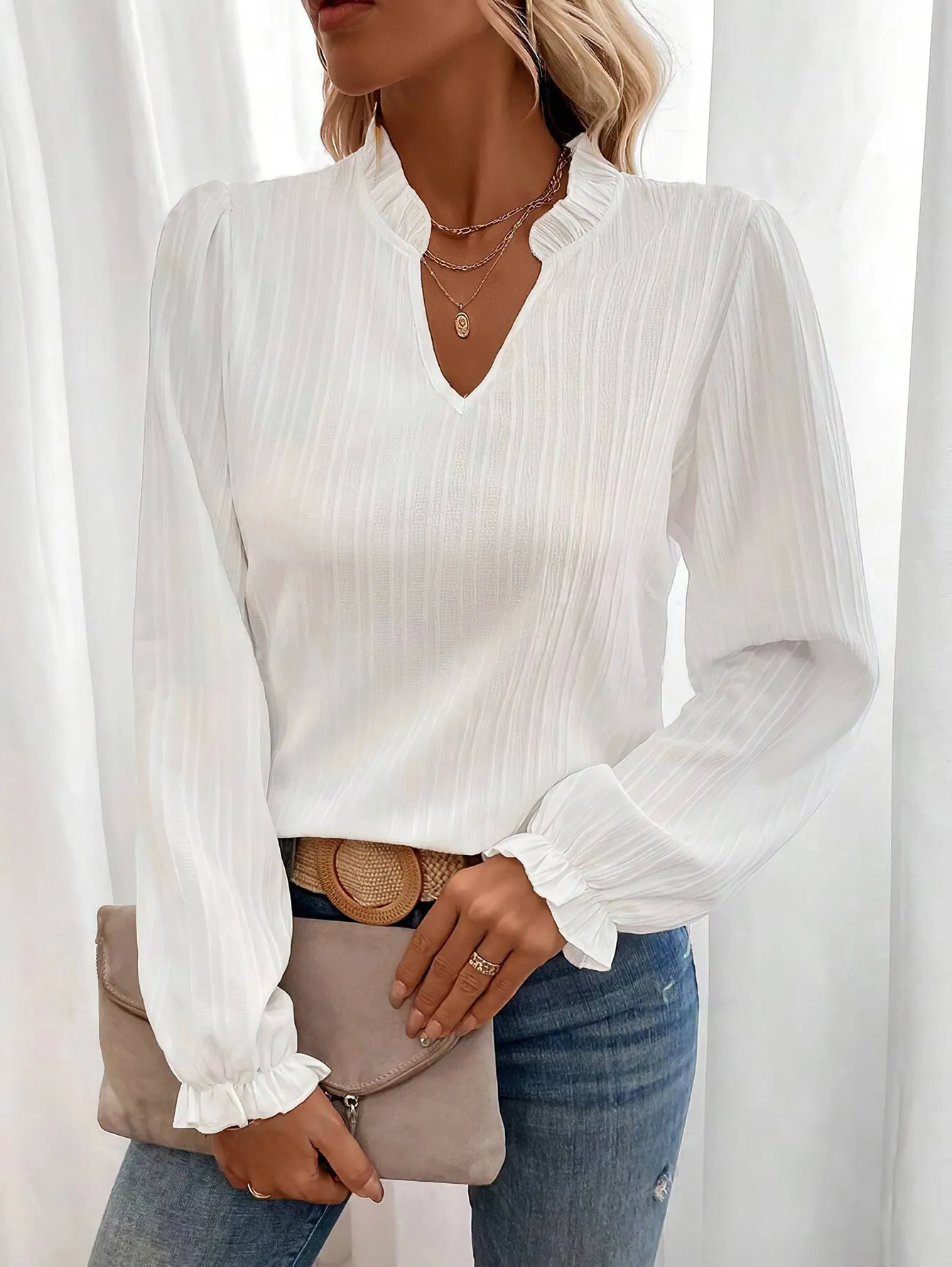 Graceful V-Neck Bell Sleeve Long Shirt for Effortless Elegance