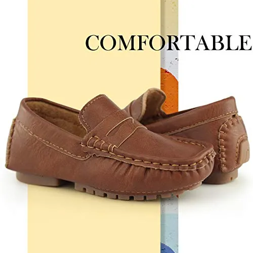 Hawkwell Kids Casual Loafer Moccasin Dress Shoes, Brown PU