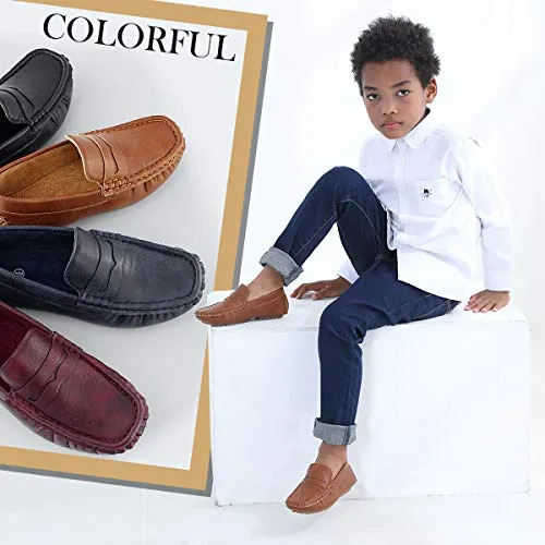 Hawkwell Kids Casual Loafer Moccasin Dress Shoes, Brown PU