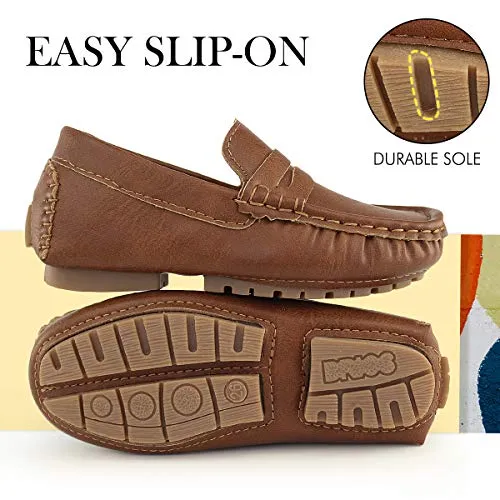 Hawkwell Kids Casual Loafer Moccasin Dress Shoes, Brown PU