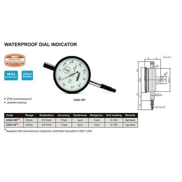 Insize Dial Indicator 10mm Range Series 2324-10