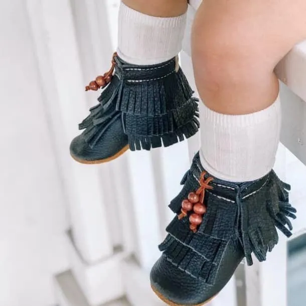 Kid's Black Trail Blazers • Fringe Moccasin Boots