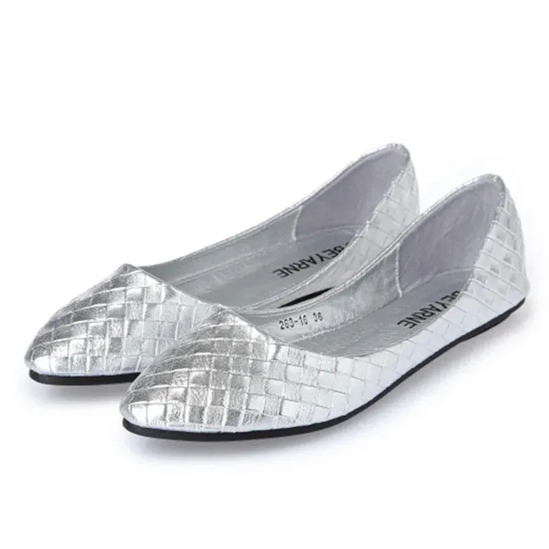 Ladies Ballet Flats Weaving Gold Silver Shoes Pointed Toe Breathable Slip-Ons Summer
