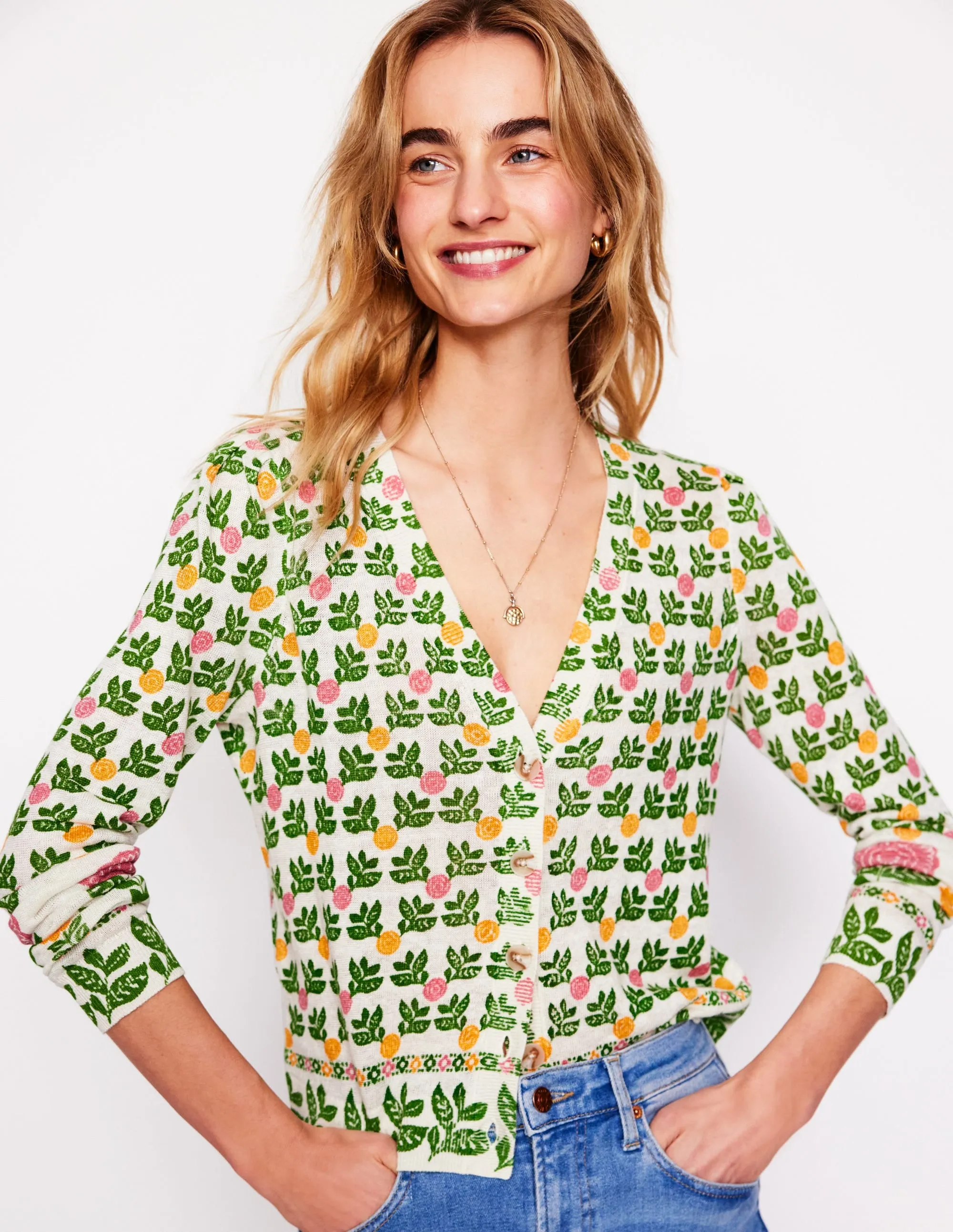 Liv V-Neck Linen Cardigan-Warm Ivory, Dahlia Garden