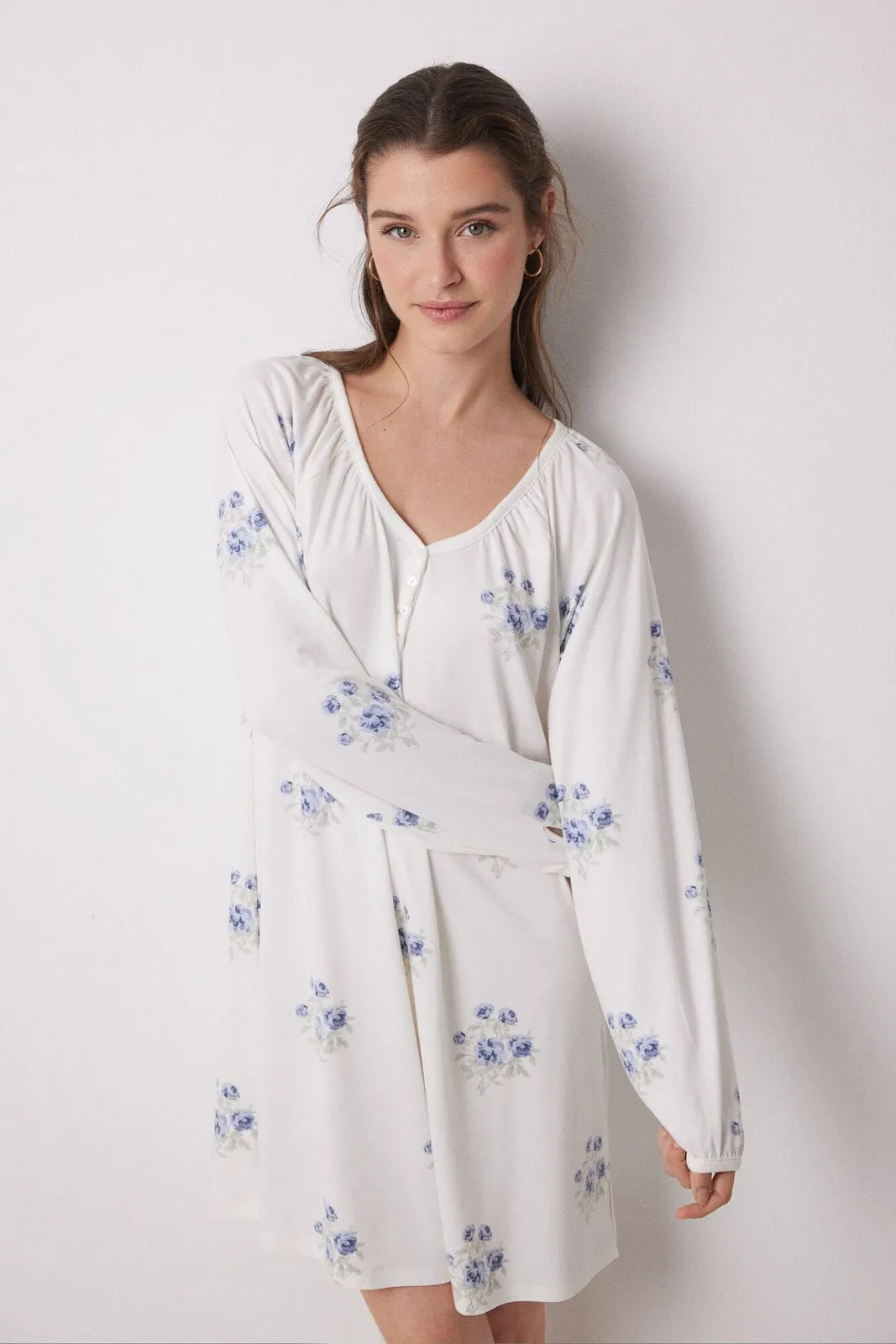 Long Sleeves Short Nightdress - Blue