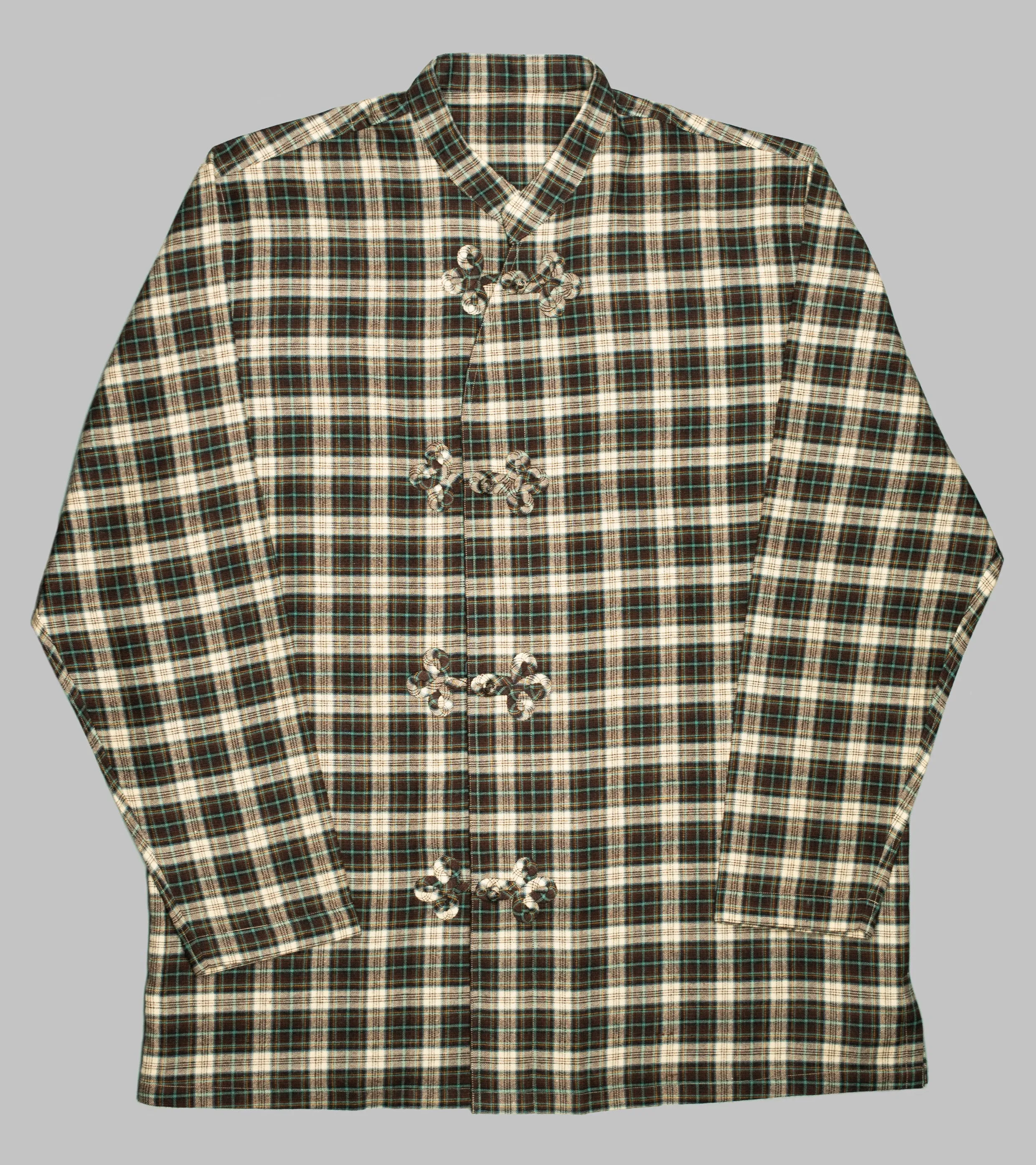 Made-to-Order Frogged Button Plaid Shirt Viyella Brown/Mint