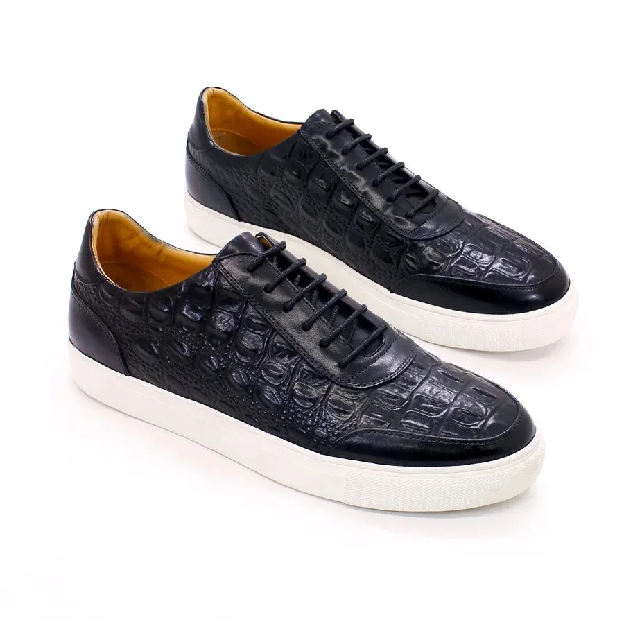 Men's Fashion Casual Leather Shoes Handmade Genuine Leather Crocodile Pattern Lace Up Non-slip Flats Dating Party Dress Shoes