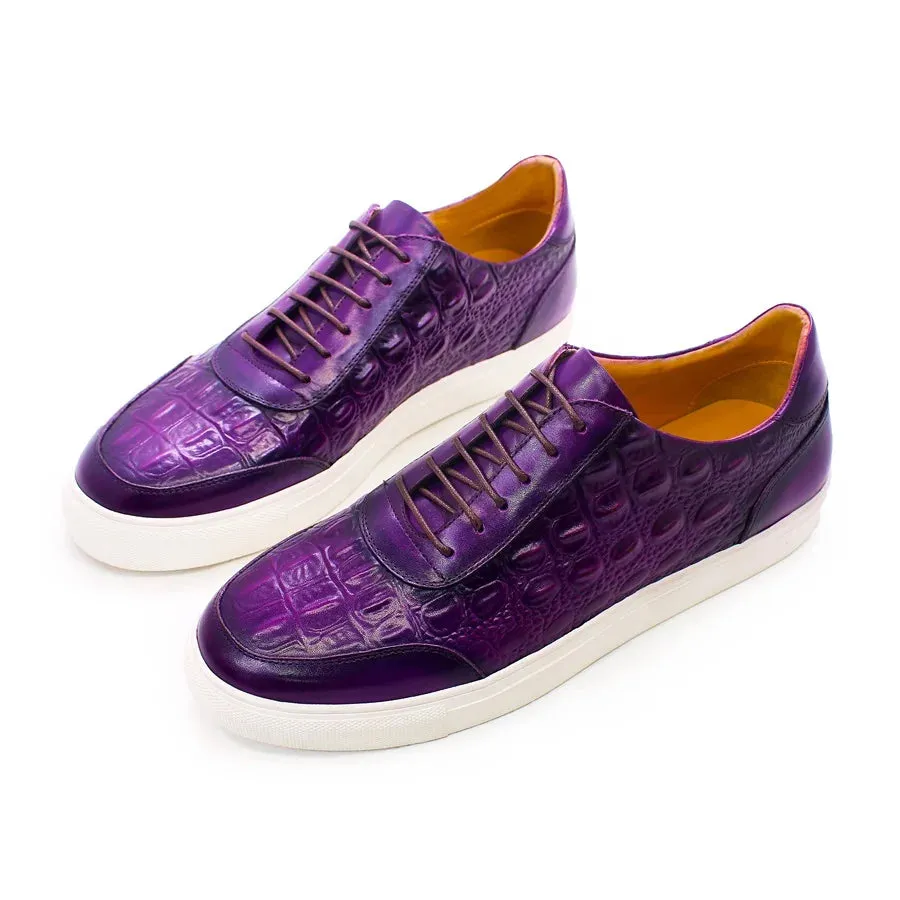 Men's Fashion Casual Leather Shoes Handmade Genuine Leather Crocodile Pattern Lace Up Non-slip Flats Dating Party Dress Shoes