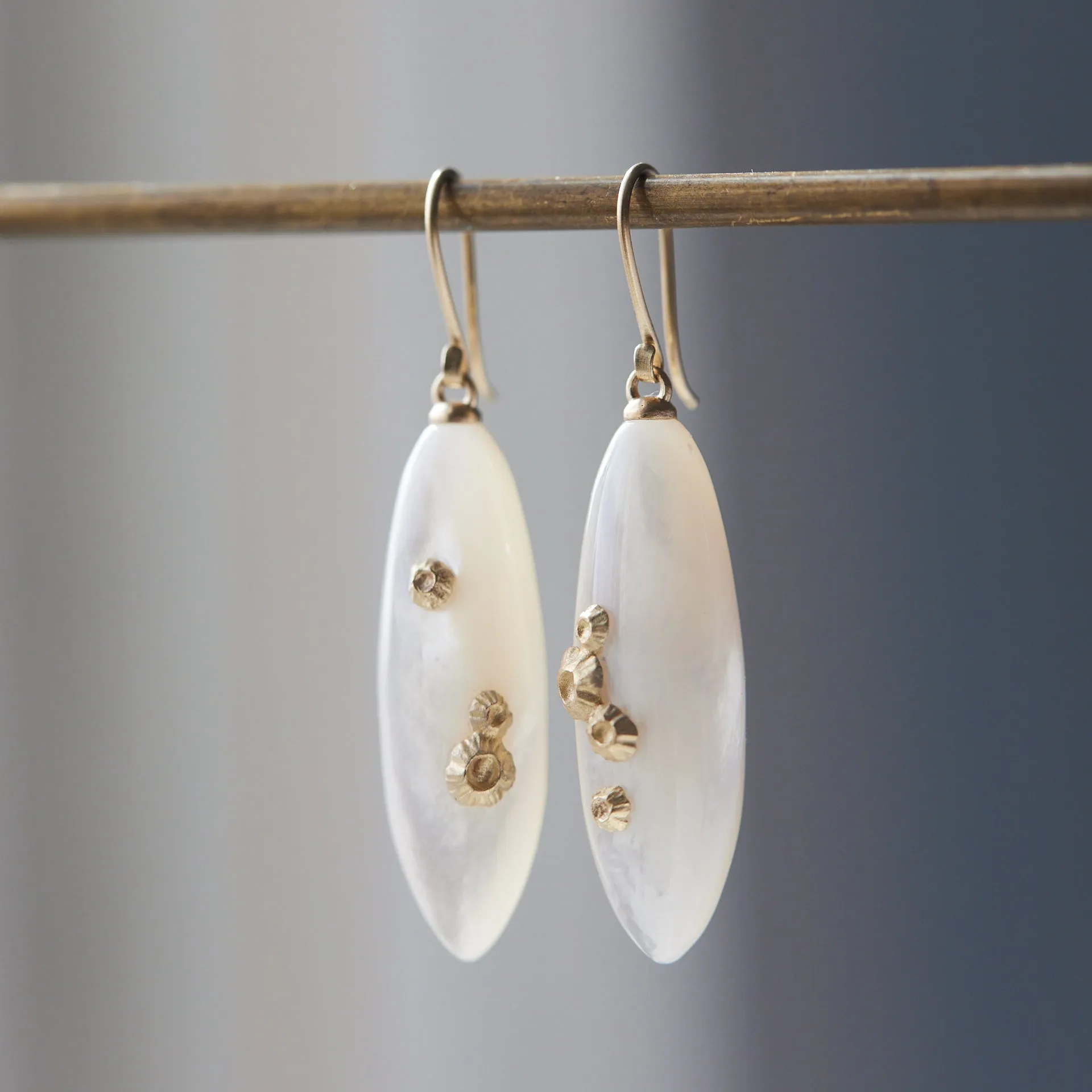 Mother of Pearl Ruthie B. Earrings with Barnacles