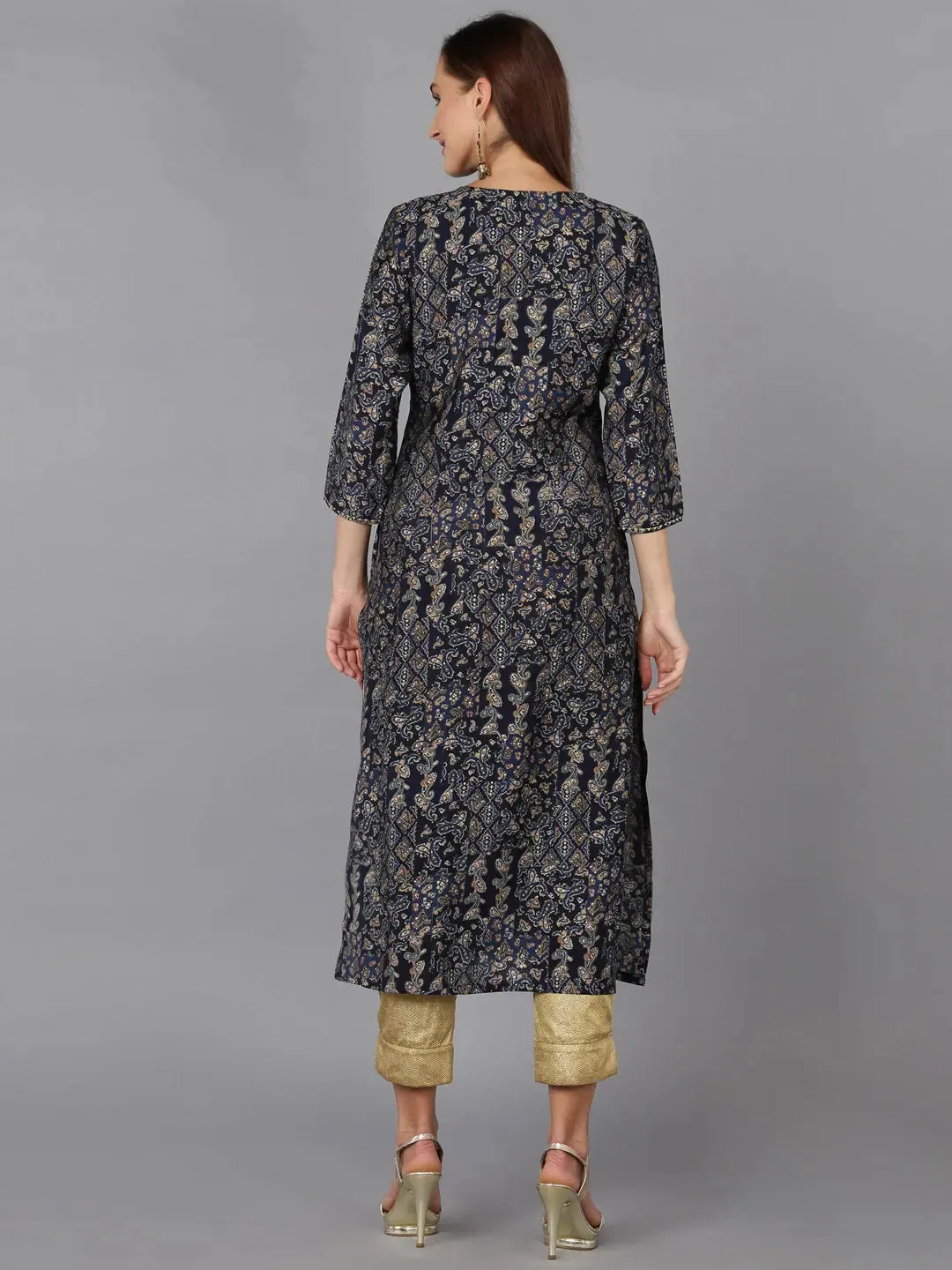 Navy Blue Cotton Blend Printed