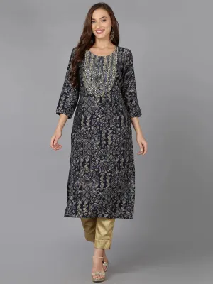 Navy Blue Cotton Blend Printed