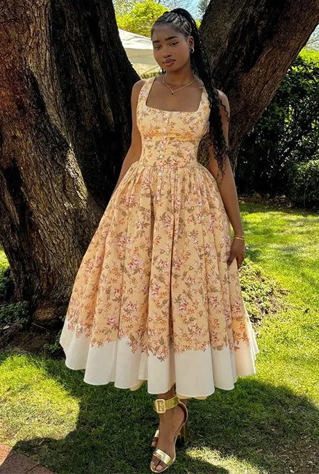 Romantic Floral Midi Dress with Square Neckline and Full Skirt