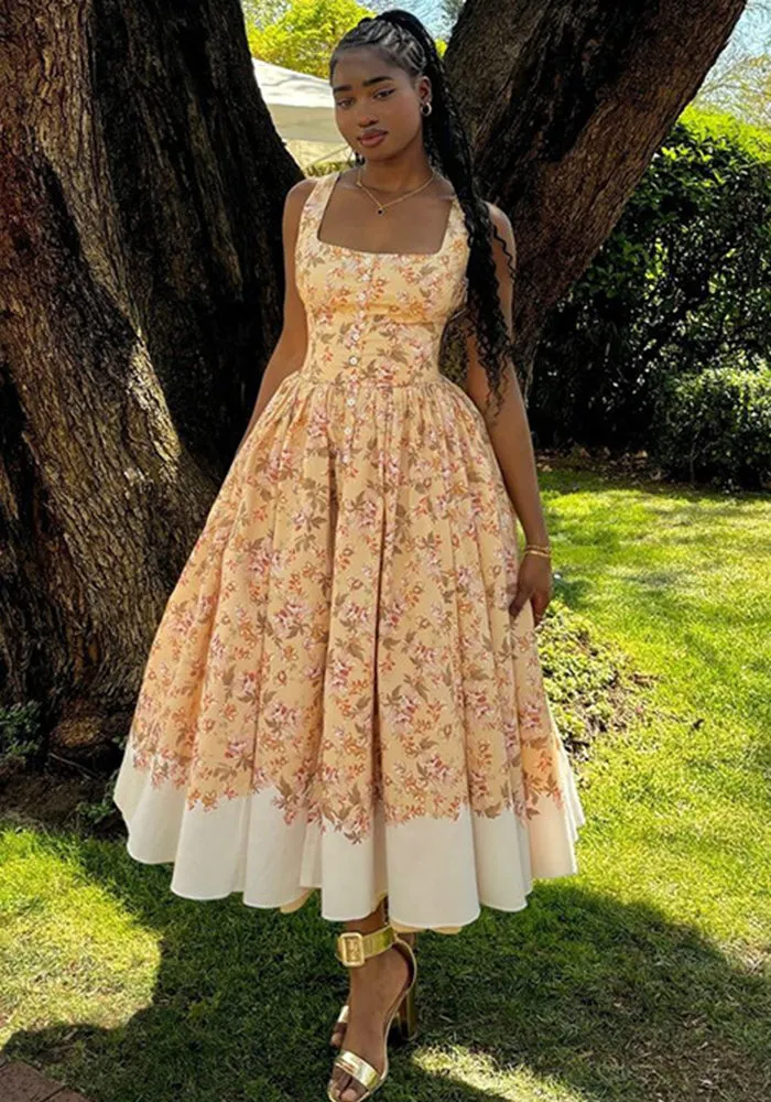 Romantic Floral Midi Dress with Square Neckline and Full Skirt